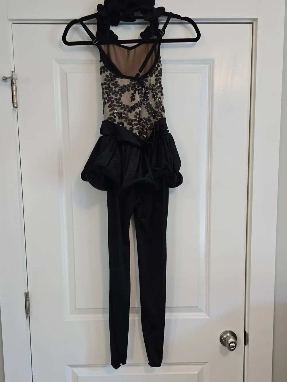 Curtain Call Tan and Black Sequin Catsuit with Peplum - Child Large
